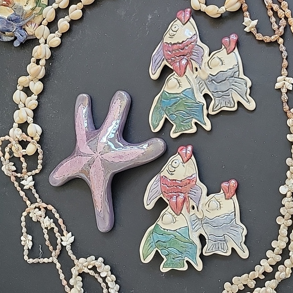 Blue Sky Small Kissy Fish trios & Starfish. Heather Goldminc